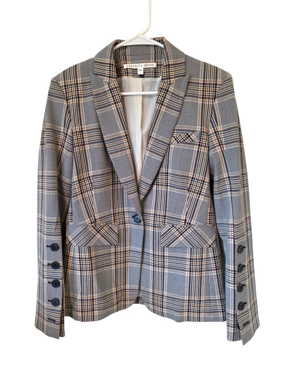 Veronica Beard Womens Plaid Print Blazer Size 4 Black Brown White Career Office